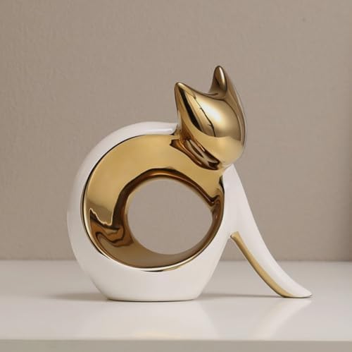 White Gold Ceramic Cat Statue Modern Decor Figurine