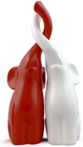 Pair of Elephants Polystone Figurine Sculpture 25cm White Red