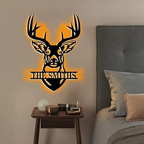 Personalized Deer Head Wall Art Metal Name Sign with LED Lights