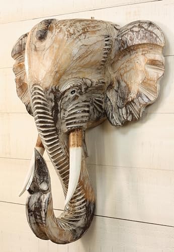 G6 Collection Exotic Hand-Carved Wooden White Elephant Wall Sculpture