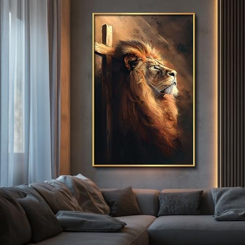 Majestic Lion with Cross Canvas Art Framed 36x24