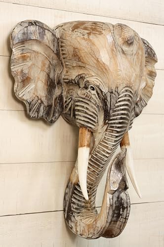 G6 Collection Exotic Hand-Carved Wooden White Elephant Wall Sculpture