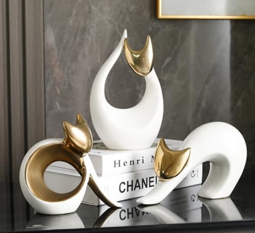 White Gold Ceramic Cat Statue Modern Decor Figurine