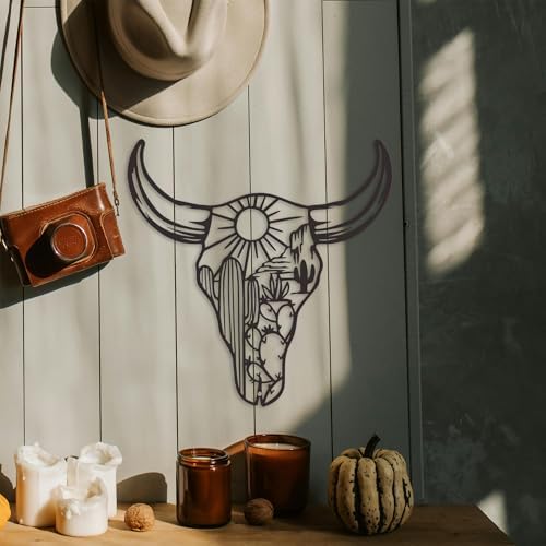Metal Cow Skull Wall Decor - Rustic Black 12x12 Inch