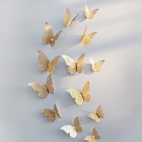 3D Metal Butterfly Wall Decor Set of 12 Shimmer Golden