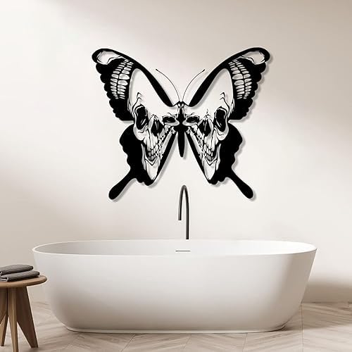 Butterfly Skull Wall Art Decor Black Metal 30x26 Inches