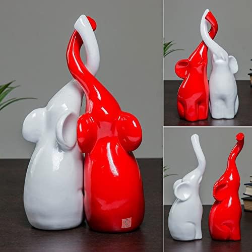 Pair of Elephants Polystone Figurine Sculpture 25cm White Red