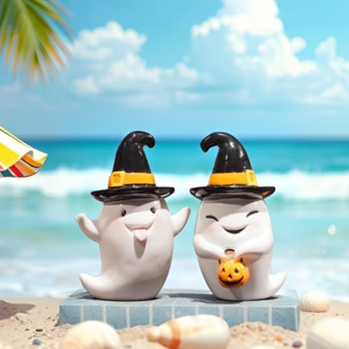 Halloween Ghost Statues Set of 2 Cute Boo Resin Sculptures