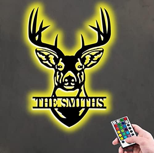 Personalized Deer Head Wall Art Metal Name Sign with LED Lights