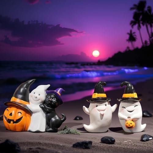 Halloween Ghost Statues Set of 2 Cute Boo Resin Sculptures