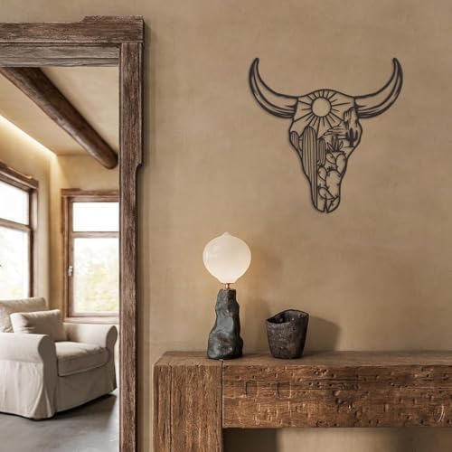 Metal Cow Skull Wall Decor - Rustic Black 12x12 Inch