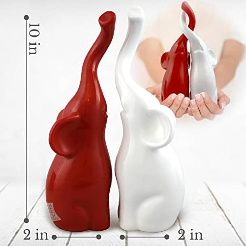 Pair of Elephants Polystone Figurine Sculpture 25cm White Red