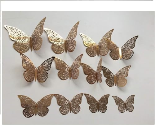 3D Metal Butterfly Wall Decor Set of 12 Shimmer Golden