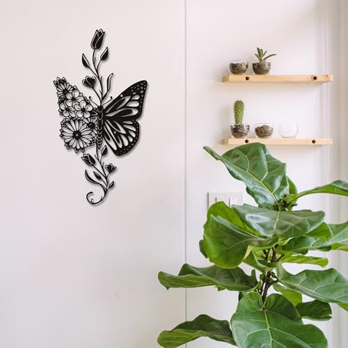 Rajukit Butterfly Flower Metal Wall Decor Black