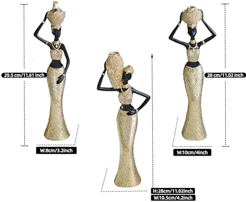 Set of 3 African Women Resin Figurines Black and Gold Tribal Sculptures
