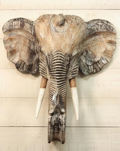 G6 Collection Exotic Hand-Carved Wooden White Elephant Wall Sculpture