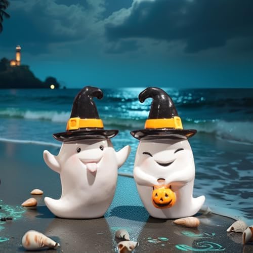 Halloween Ghost Statues Set of 2 Cute Boo Resin Sculptures