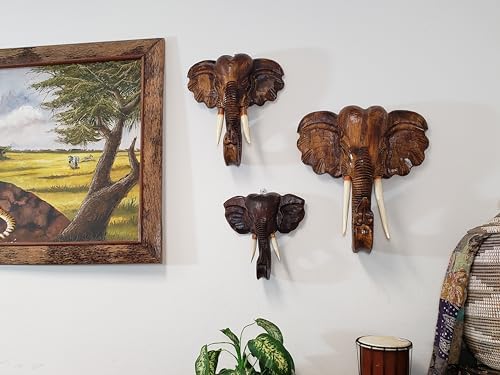 Elephant Head Mask Decor Wall Sculpture Hand Carved and Painted