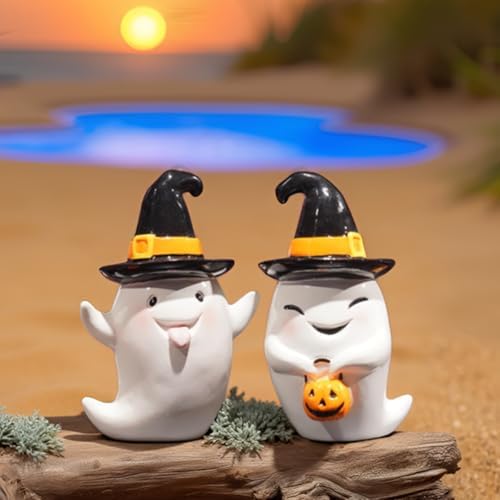 Halloween Ghost Statues Set of 2 Cute Boo Resin Sculptures