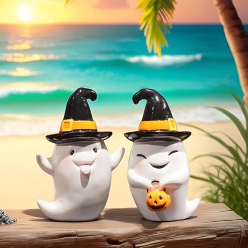 Halloween Ghost Statues Set of 2 Cute Boo Resin Sculptures