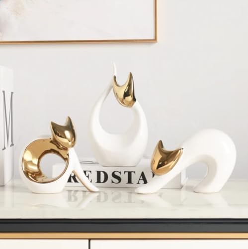 White Gold Ceramic Cat Statue Modern Decor Figurine