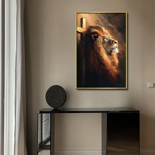 Majestic Lion with Cross Canvas Art Framed 36x24