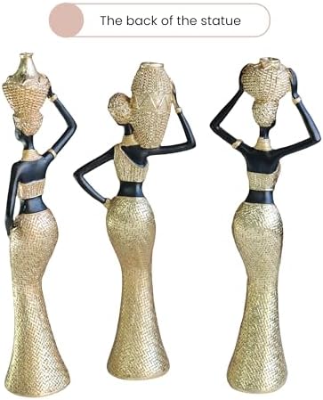 Set of 3 African Women Resin Figurines Black and Gold Tribal Sculptures