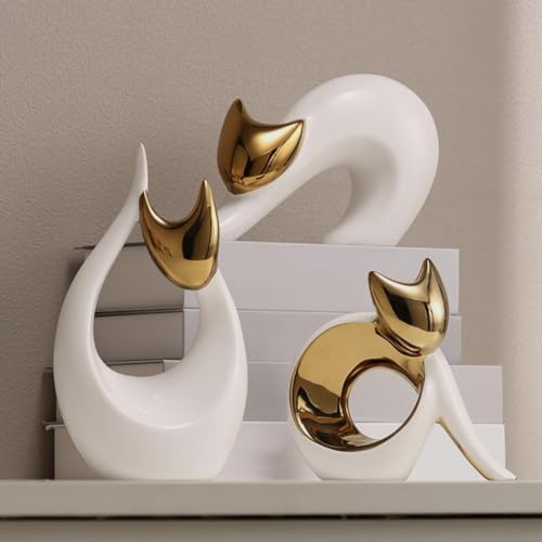White Gold Ceramic Cat Statue Modern Decor Figurine