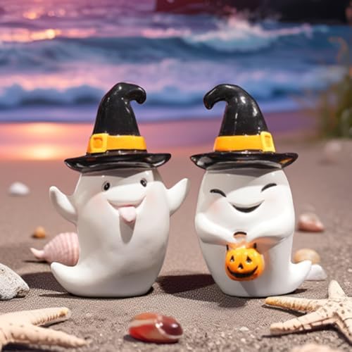Halloween Ghost Statues Set of 2 Cute Boo Resin Sculptures