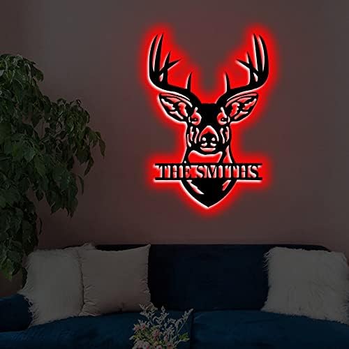 Personalized Deer Head Wall Art Metal Name Sign with LED Lights
