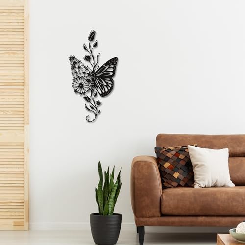 Rajukit Butterfly Flower Metal Wall Decor Black