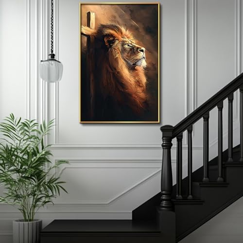Majestic Lion with Cross Canvas Art Framed 36x24