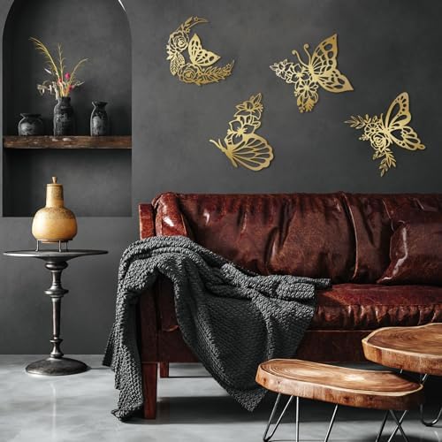 LOYIM 4 Pcs Gold Metal Butterfly Wall Decor