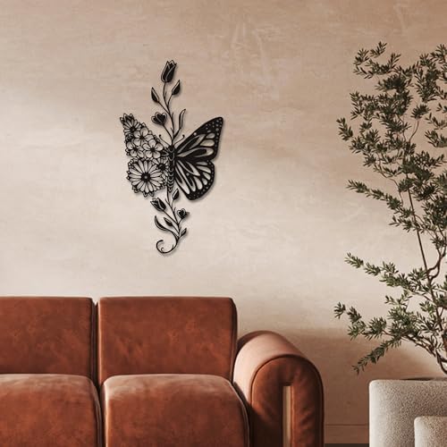 Rajukit Butterfly Flower Metal Wall Decor Black