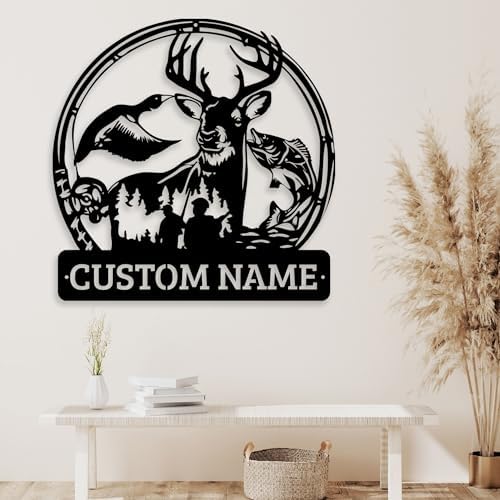 Personalized Deer Duck and Bass Fishing Metal Wall Art 16 Inch