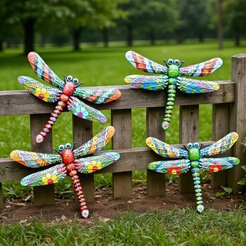 GENHAOTHREE Extra Large 4PCS Metal Dragonfly Wall Art Outdoor