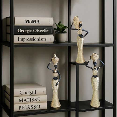 Set of 3 African Women Resin Figurines Black and Gold Tribal Sculptures