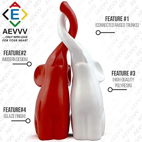 Pair of Elephants Polystone Figurine Sculpture 25cm White Red