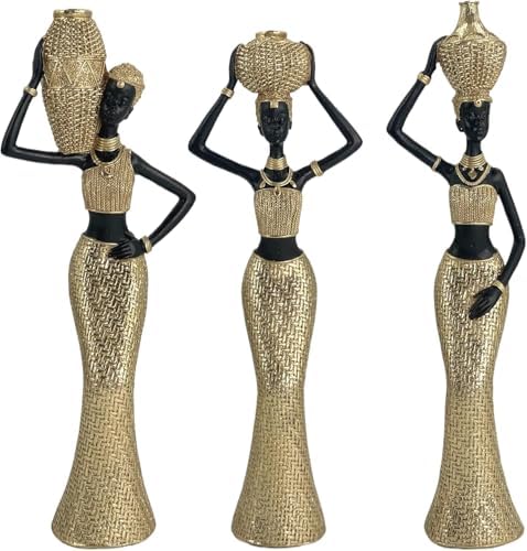 Set of 3 African Women Resin Figurines Black and Gold Tribal Sculptures