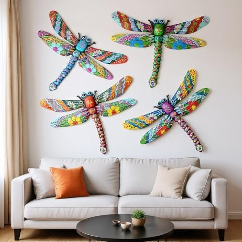 GENHAOTHREE Extra Large 4PCS Metal Dragonfly Wall Art Outdoor