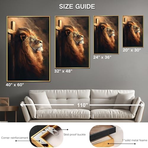 Majestic Lion with Cross Canvas Art Framed 36x24