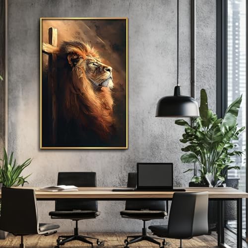 Majestic Lion with Cross Canvas Art Framed 36x24