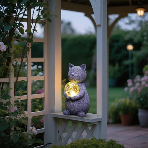 Solar Cat Statue Garden Decor with LED Light