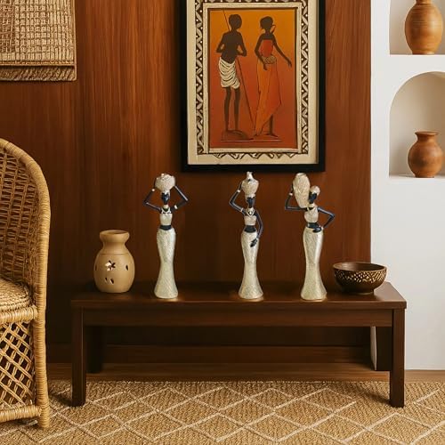 Set of 3 African Women Resin Figurines Black and Gold Tribal Sculptures