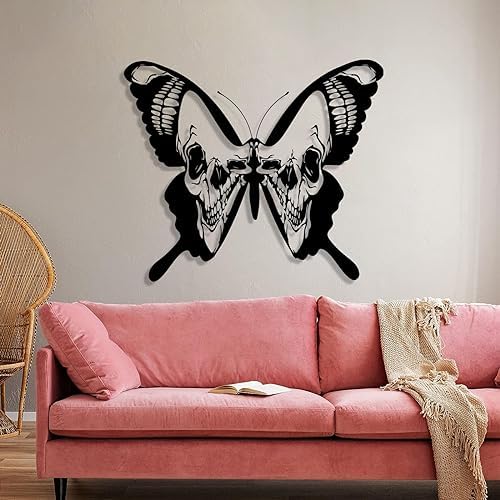 Butterfly Skull Wall Art Decor Black Metal 30x26 Inches