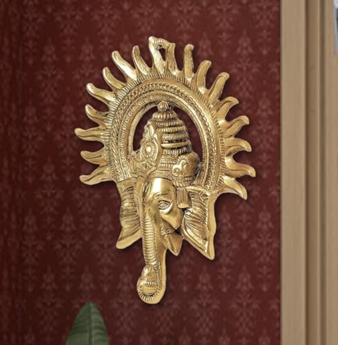 Hastcraft Golden Ganesha Wall Sculpture with Sun Rays