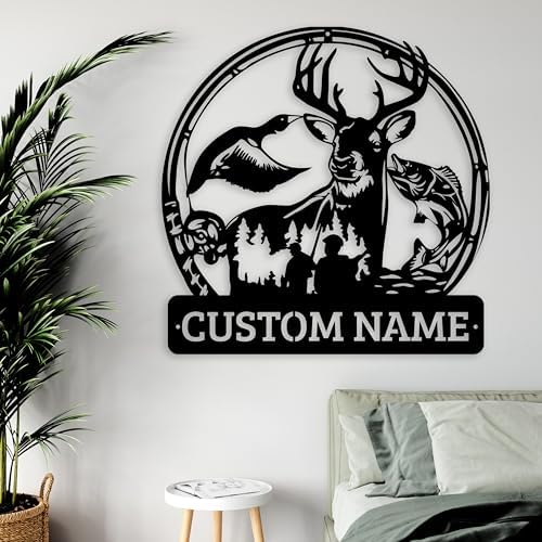 Personalized Deer Duck and Bass Fishing Metal Wall Art 16 Inch