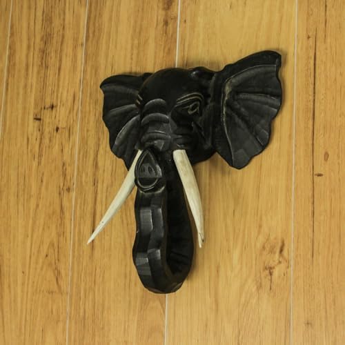 Zeckos Hand Carved Black Wood Elephant Head Wall Sculpture