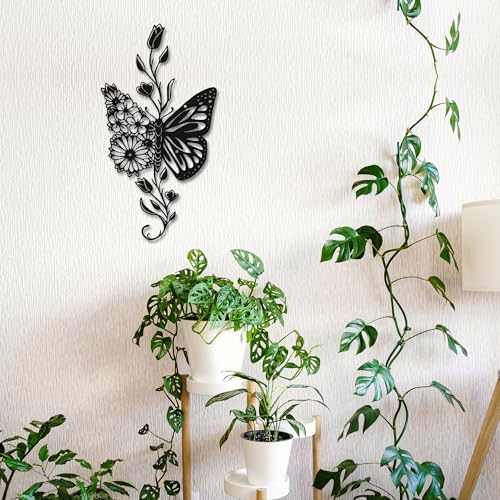 Rajukit Butterfly Flower Metal Wall Decor Black